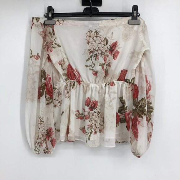 NWT Guess White & Red Floral Long sleeve Button Up Smocked Waist Cold Shoulder S - Picture 3 of 16